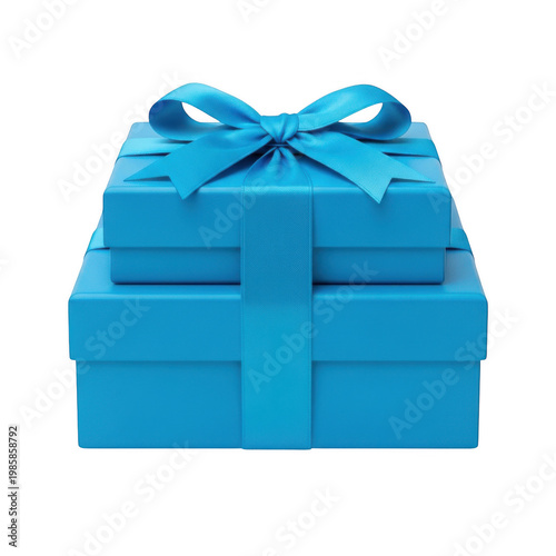 Elegant blue gift box with decorative ribbon tied in a bow isolated on white background