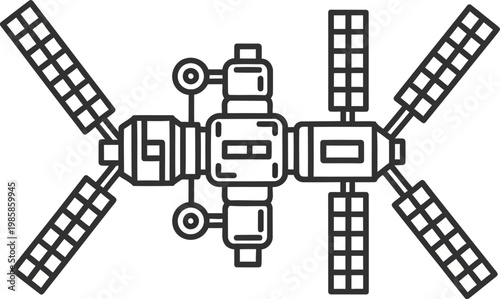 Orbital space station or satellite with solar panels line art vector, satellite
