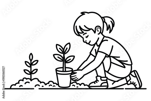 Line art illustration of young girl planting seedling in pot for gardening and nature conservation educational environmental theme