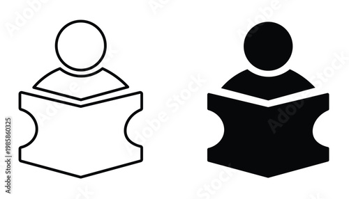 Reading Icon: An minimalistic illustration of a person engrossed in a book, emphasizing the simple act of reading and the pursuit of knowledge.