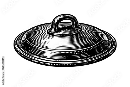Black and white illustration of a covered dish with a handle on top, perfect for food or cooking concepts