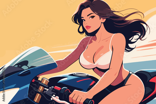 Beautiful Bikini Woman Riding Motorsport Illustration Creative Design Template 