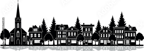 Small Town Skyline Silhouette with Church, Houses, Trees, and Reflections for City, Neighborhood, and Real Estate Designs