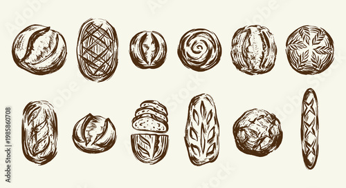 Collection set of vintage sourdough bread hand-drawn sketch style, rustic artisan bakery vector illustrations drawing and icons, crusty loaf boule batard baguette sliced grain graphics