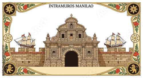 Intramuros Manila Historical Architecture Colorful Vector Illustration with Sailing Ships, Digital Art Background