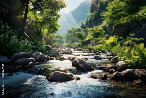 Clear river water flowing over rocks in a vibrant green forest with sunlight filtering through trees