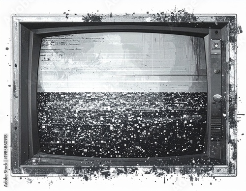 Static Gray Scale Television Set with Screen Noise and Wooden Frame