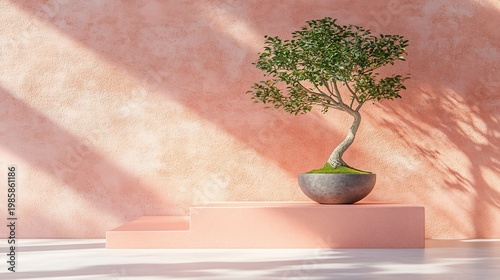 Bonsai Tree On Podium. Sunlight & shadow on the pink wall. For product display