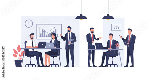 Professional business people in suits are collaborating and working on laptops within a modern, minimalist office setting.