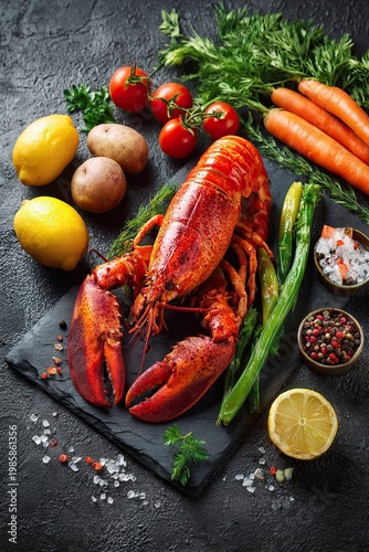 Boiled lobster with vegetables on a black stone plate. Space for your text.
