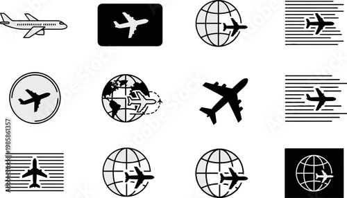 Airplane and Globe Icon Set with Flight, Travel, and International Transport Symbols for Aviation, Airport, and Logistics Designs