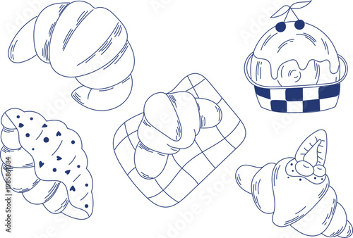 Hand-drawn croissant vector in blue line style. Minimal Mediterranean bakery illustrations are perfect for cafe menus, packaging, patterns, posters, branding, food design, and French breakfast.