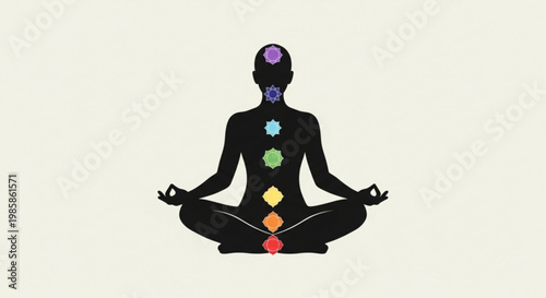 Silhouette of a meditating person with colorful chakra symbols on body representing spiritual and wellness concepts