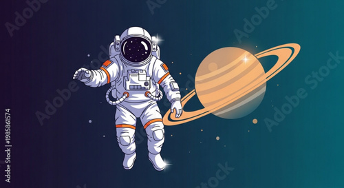Astronaut floating in space with saturn planet and rings wearing white spacesuit with orange stripes in a starry night sky
