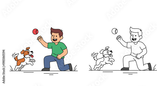 Boy Playing Fetch with Dog Cartoon and Outline Coloring Page Illustration