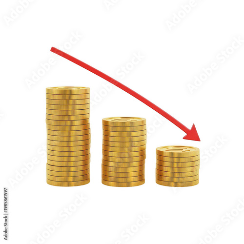 Three golden coins stacked in descending size with a red arrow pointing upward. isolated on white background