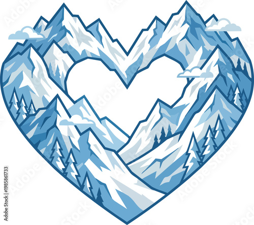 Conceptual Landscape Photography of a Perfect Heart Shape Formed naturally by Peaks Ridges and Valleys of a Remote Snowy Mountain Range under Clear Blue Sky Isolated