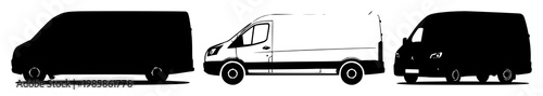 Van set with solid black icon on white background featuring fleet management, transportation, vehicle icons with commercial vans and logistics