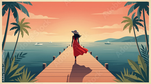 Elegant vintage vector poster of a woman in a flowing red gown walking on a seaside pier at sunset, framed by palm trees and yachts, inspired by Cannes Film Festival 1950s Riviera glamour.
