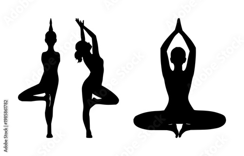 Yoga tree pose silhouette icon set with solid black figure on white background featuring yoga, posture, meditation with simple line and vector illustration
