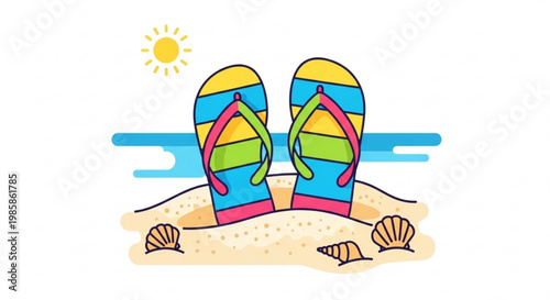 Colorful flip flops on sandy beach with seashells and sunny weather