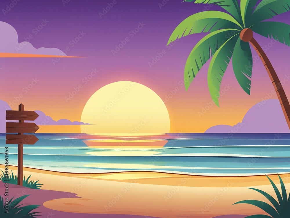 Fototapeta premium Minimal Beach Sunset with Palm & Direction Arrows