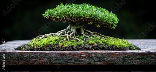 Bonsai tree on table, focus on its trunk, with out-of-focus background. A small tree is in the foreground