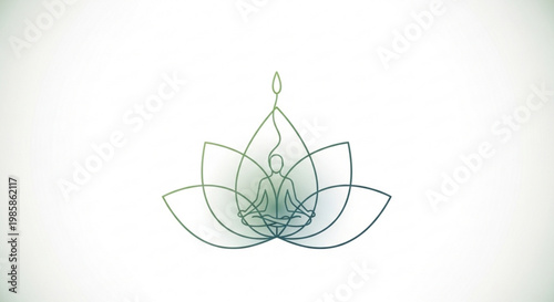 Person meditates in lotus position within a stylized green lotus flower outline on white background