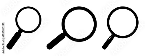 Magnifying glass icon set with minimalist solid black shape on white background featuring search, icon, tool with graphic and illustration