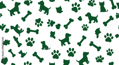 Cute Dog Pattern with Paw Prints and Bones Silhouette in Green for Pet Shop, Fabric, Wrapping Paper, and Animal Lover Designs
