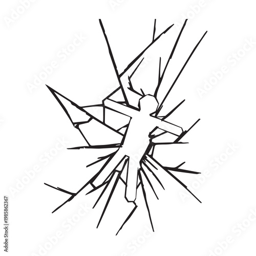 Broken man seen in shattered glass, self reflection trapped mindset illustration