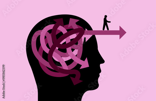 Man head tangled inside path to man walking out, mental health direction illustration