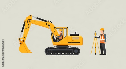 Construction Site with Excavator and Surveyor.