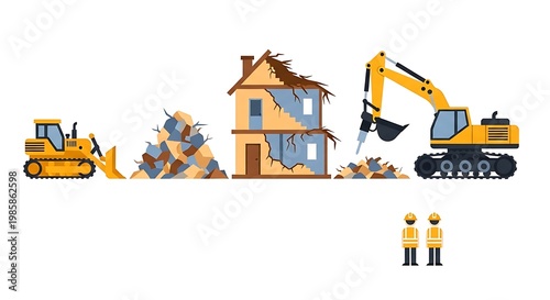 Demolition process with excavator and bulldozer destroying a house with workers present.