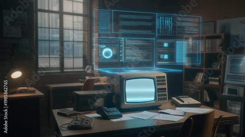 1980s Office Workspace With Floating AI Interface