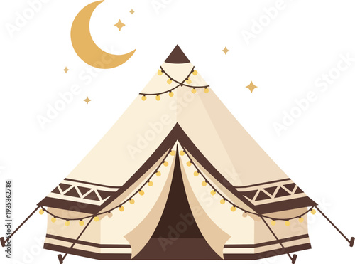 Bohemian Style Glamping Bell Tent Illuminated by Warm Fairylights Under a Dark Night Sky with a Crescent Moon Above representing Outdoor Luxury Camping and Retreat Isolated