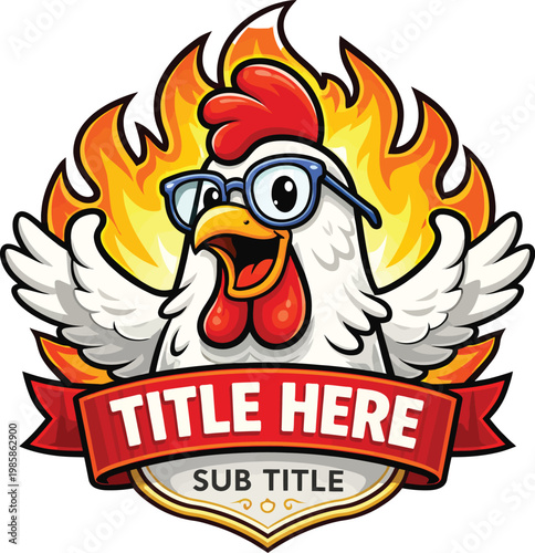 Funny cartoon chicken mascot wearing glasses with flaming background and title banner