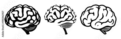 Brain icon set with solid black shapes on white background featuring learning, knowledge, memory with neuroscience and education