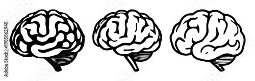 Brain icon set with solid black shapes on white background featuring learning, knowledge, memory with neuroscience and education