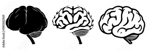 Brain icon set with solid black shapes on white background featuring learning, knowledge, memory with neuroscience and education