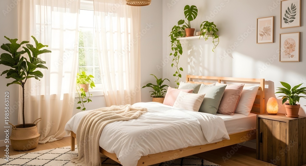 Fototapeta premium Bright and airy bedroom featuring a comfortable bed, sheer curtains, and abundant green plants creating a serene atmosphere.