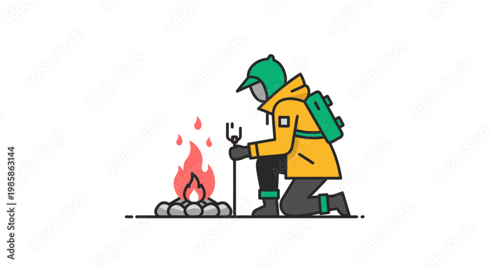 Fototapeta premium Hiker in Yellow Jacket Kneeling by Campfire Vector Illustration