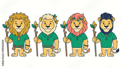 Lion Mascot Characters Wearing Green Polo Shirts Holding Staffs