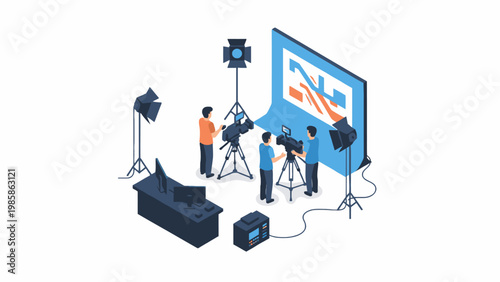 Isometric film production crew with cameras and studio equipment