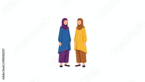 Muslim women wearing hijab standing together flat vector illustration