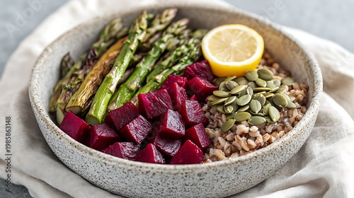 Bowl of cooked beets, asparagus, buckwheat, seeds, and lemon