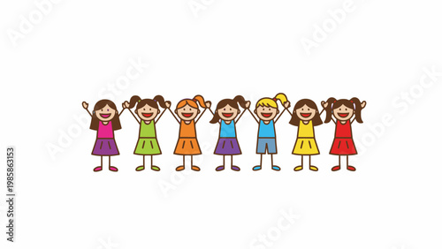 Children stick figures holding hands cheering on white background
