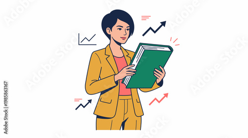 Businesswoman holding book with growth charts and arrows