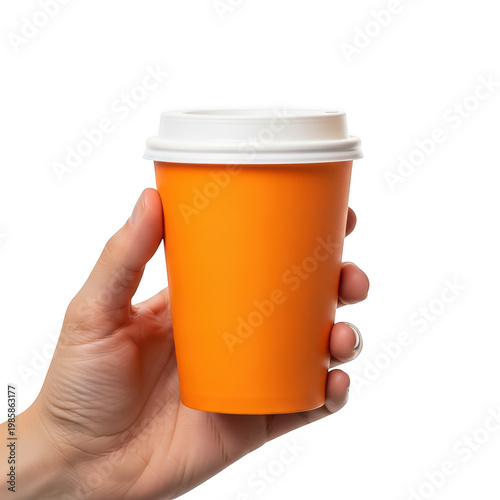 A hand holding a large orange disposable coffee cup with a lid isolated on white background