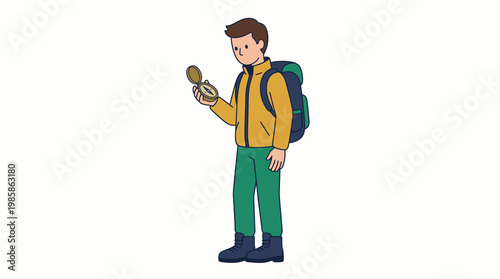 Hiker navigating with compass and backpack on white background